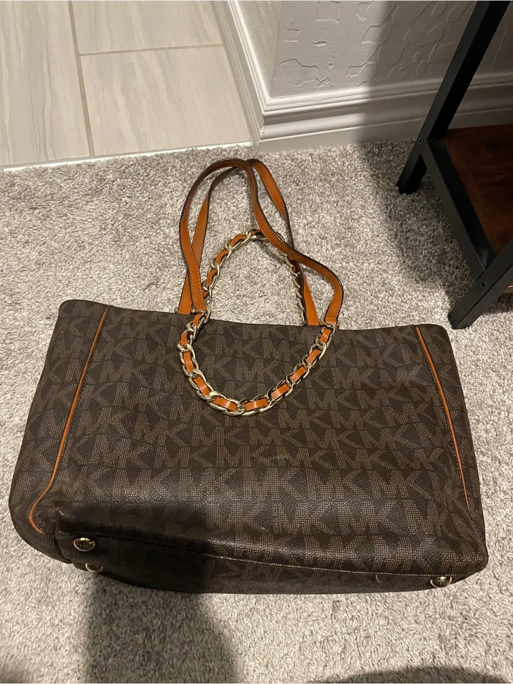 Michael Kors Dark Brown Signature Tote with Tan Leather and Gold Chain